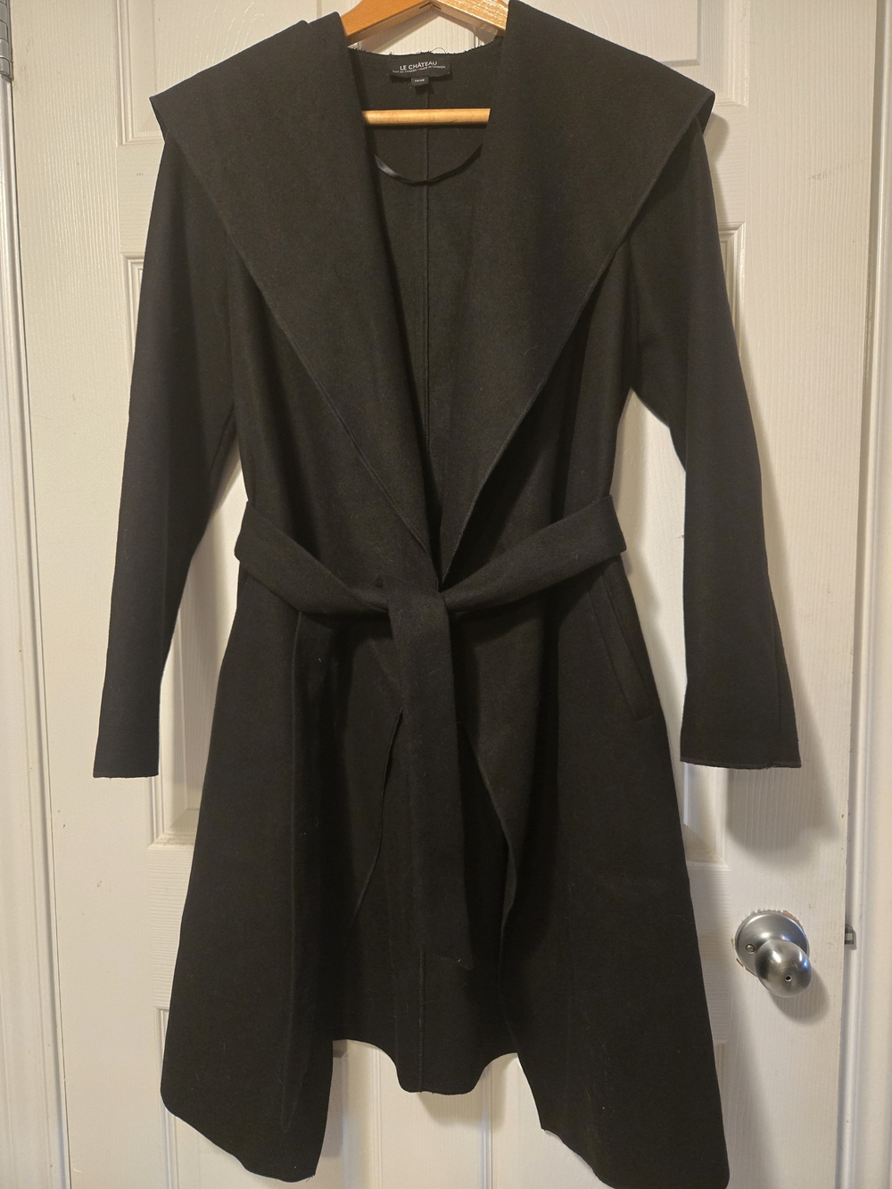 NEW Black Long Hooded Wrap Coat XS/S with Belt